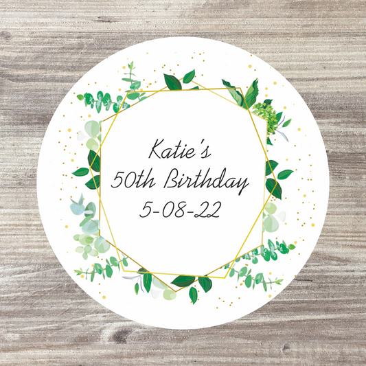 48 x Personalised Birthday Stickers - Green Floral Wreath