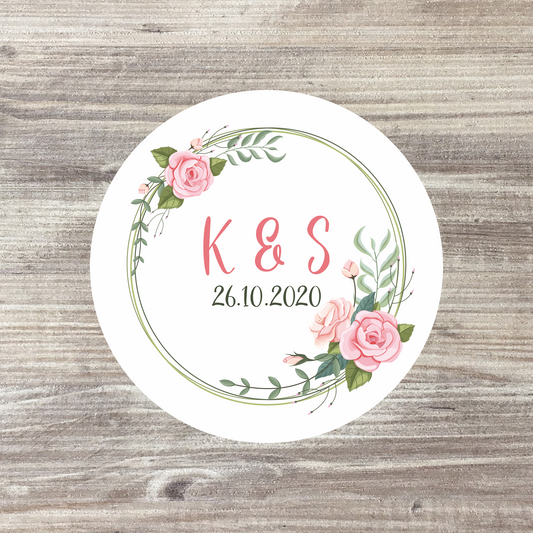 35 x Personalised Wedding Stickers - Pale Pink Wreath