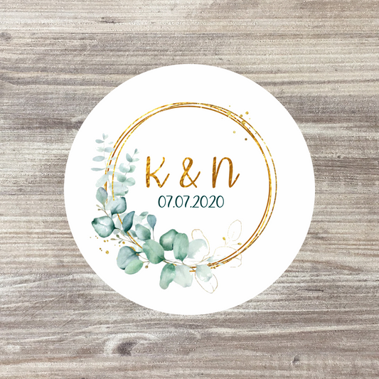 35 x Personalised Wedding Stickers - Gold and Green Initials Stickers