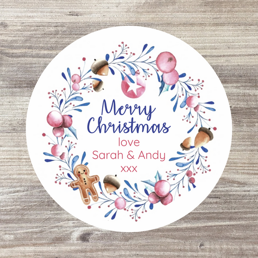 24 x Personalised Christmas Stickers - Floral Wreath