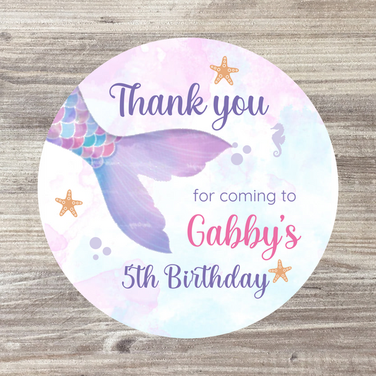 48 x Personalised Birthday Stickers - Purple Mermaid