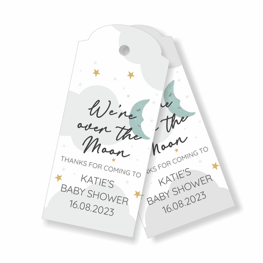30 x Personalised Baby Shower Gift Tags, Gender Reveal, Thank You, Over the moon
