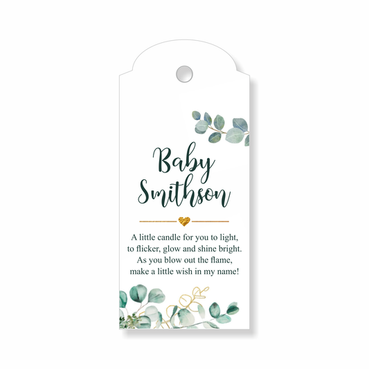 30 x Personalised Baby Shower Gift Tags, Candle Favour, Thank You, Baby Name